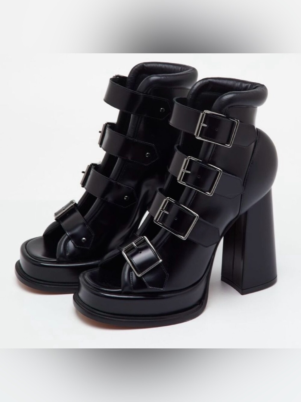 Alexander McQueen Buckle Platform Sandal Booties Black Leather Heels EU 39.5